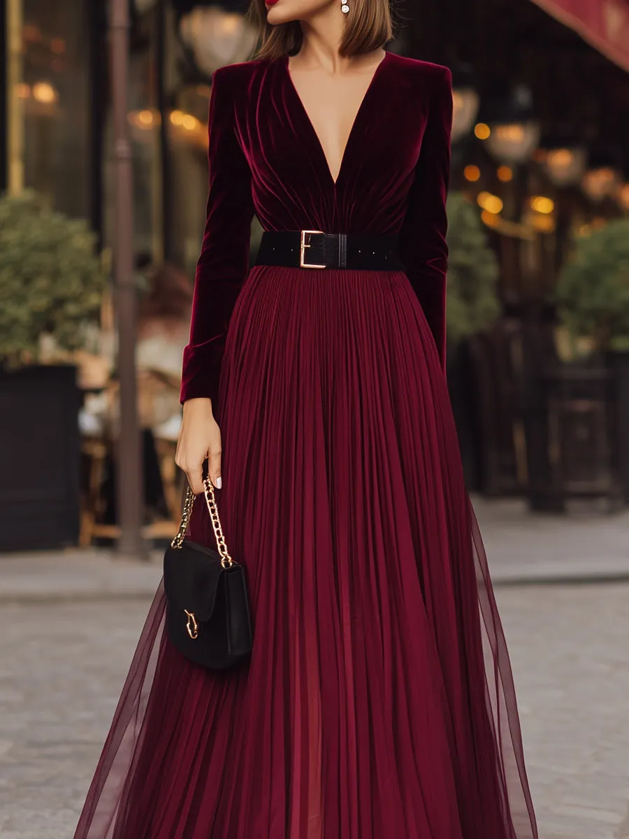 Velvet Deep V Pleated Mesh Maxi Dress With Belt sold by Mooyius product image thumbnail 2