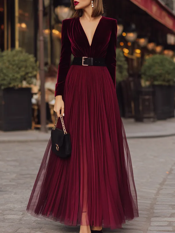 Velvet Deep V Pleated Mesh Maxi Dress With Belt made by Mooyius
