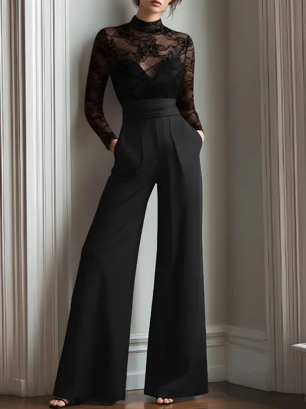 Black Lace Illusion Bodice Wide-Leg Evening Jumpsuit sold by Mooyius
