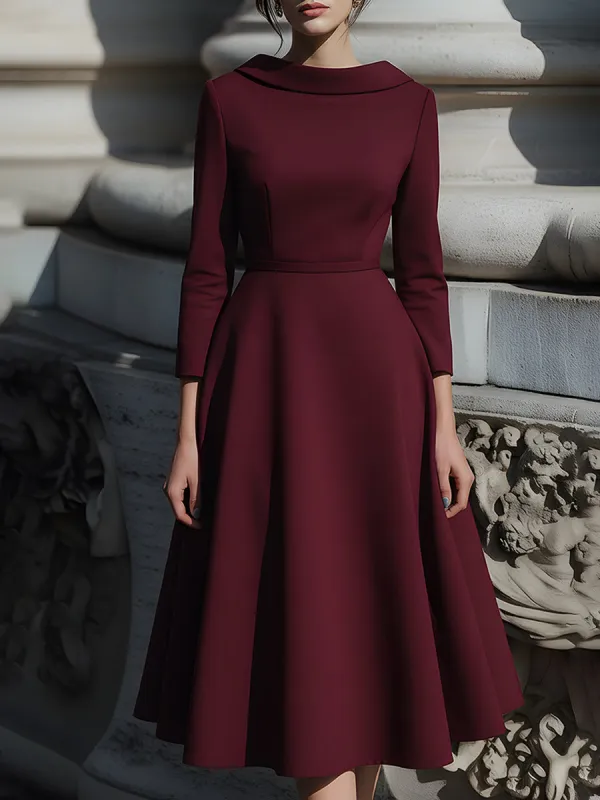 Structured Boat-Neck Burgundy Midi Dress made by Mooyius