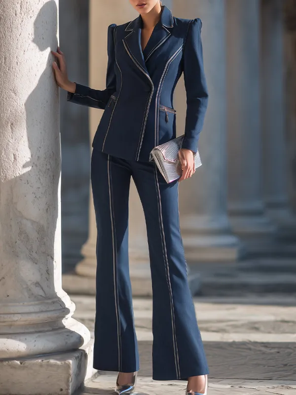 Tailored Contrast-Stitched Blazer And Flared Pants Set sold by Mooyius