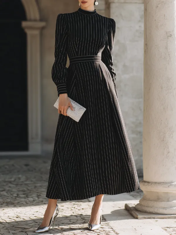 High-Neck Pinstripe Midi Dress With Structured Waist made by Mooyius