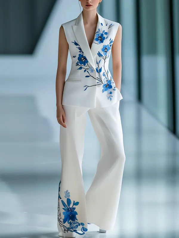 Urban Sleeveless Floral Printed Blazer and Trousers Set made by Mooyius