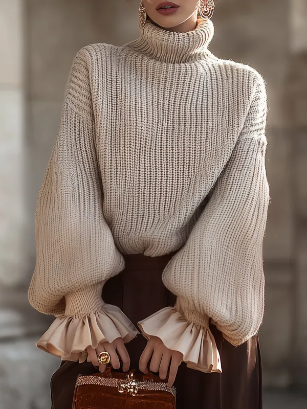 Cream Knit Turtleneck Sweater With Ruffled Cuffs made by Mooyius
