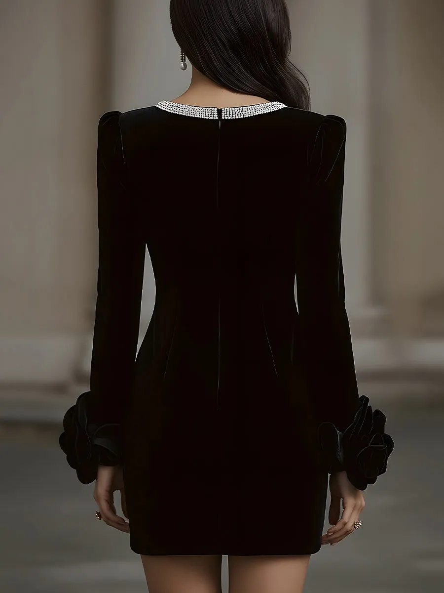 Elegant Velvet Mini Dress With Embellished Neckline And Floral Cuff Detail sold by Mooyius product image thumbnail 5