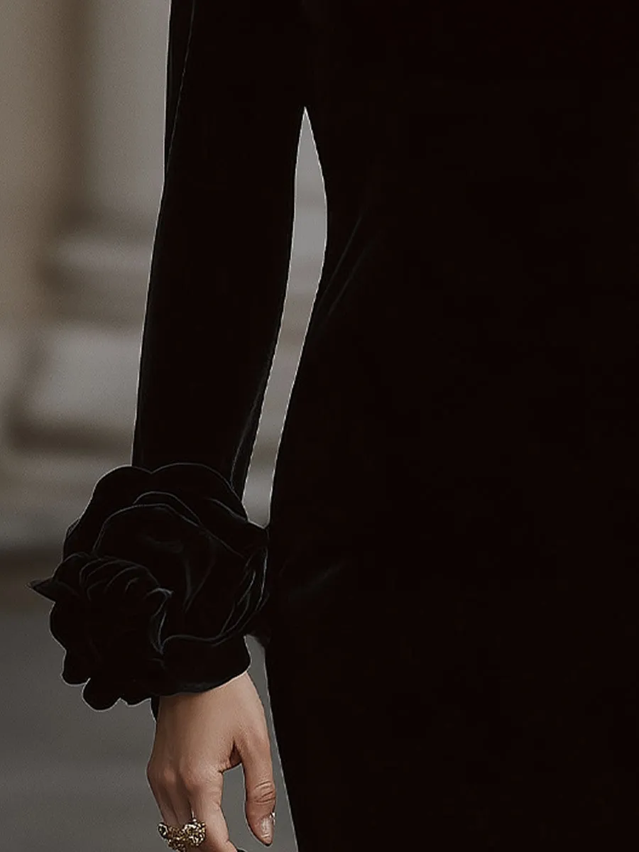 Elegant Velvet Mini Dress With Embellished Neckline And Floral Cuff Detail sold by Mooyius product image thumbnail 3