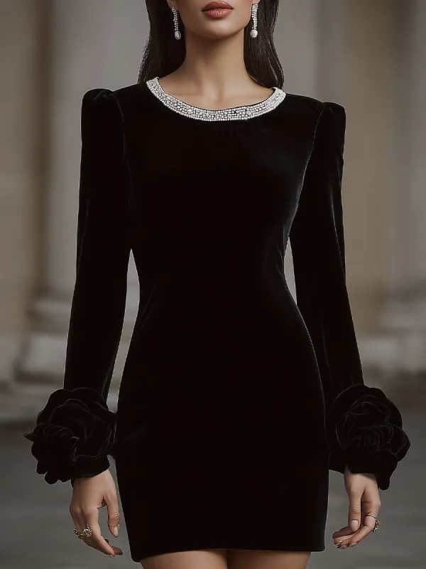 Elegant Velvet Mini Dress With Embellished Neckline And Floral Cuff Detail sold by Mooyius