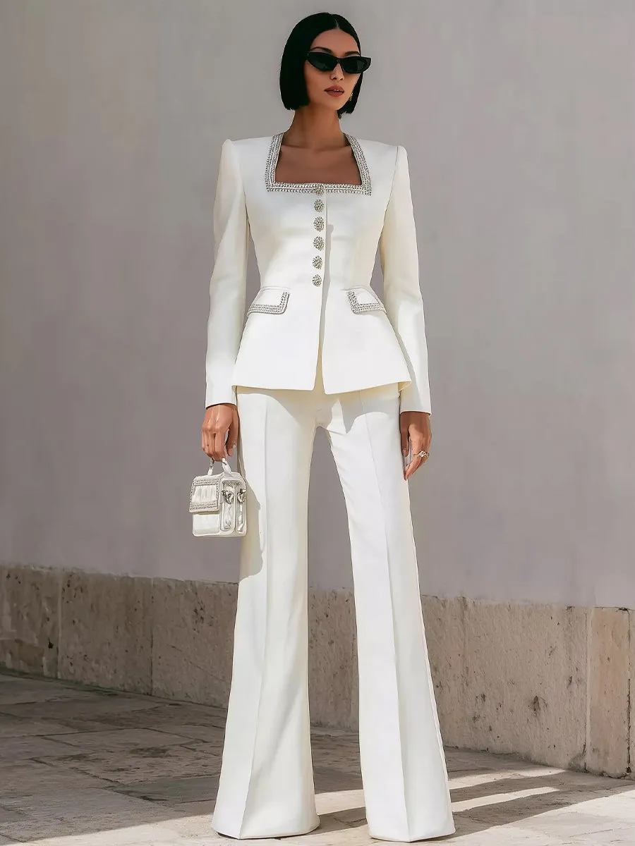 White Structured Suit With Embellished Trim And Sculpted Silhouette sold by Mooyius product image thumbnail 2