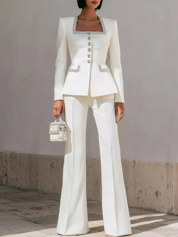White Structured Suit With Embellished Trim And Sculpted Silhouette sold by Mooyius