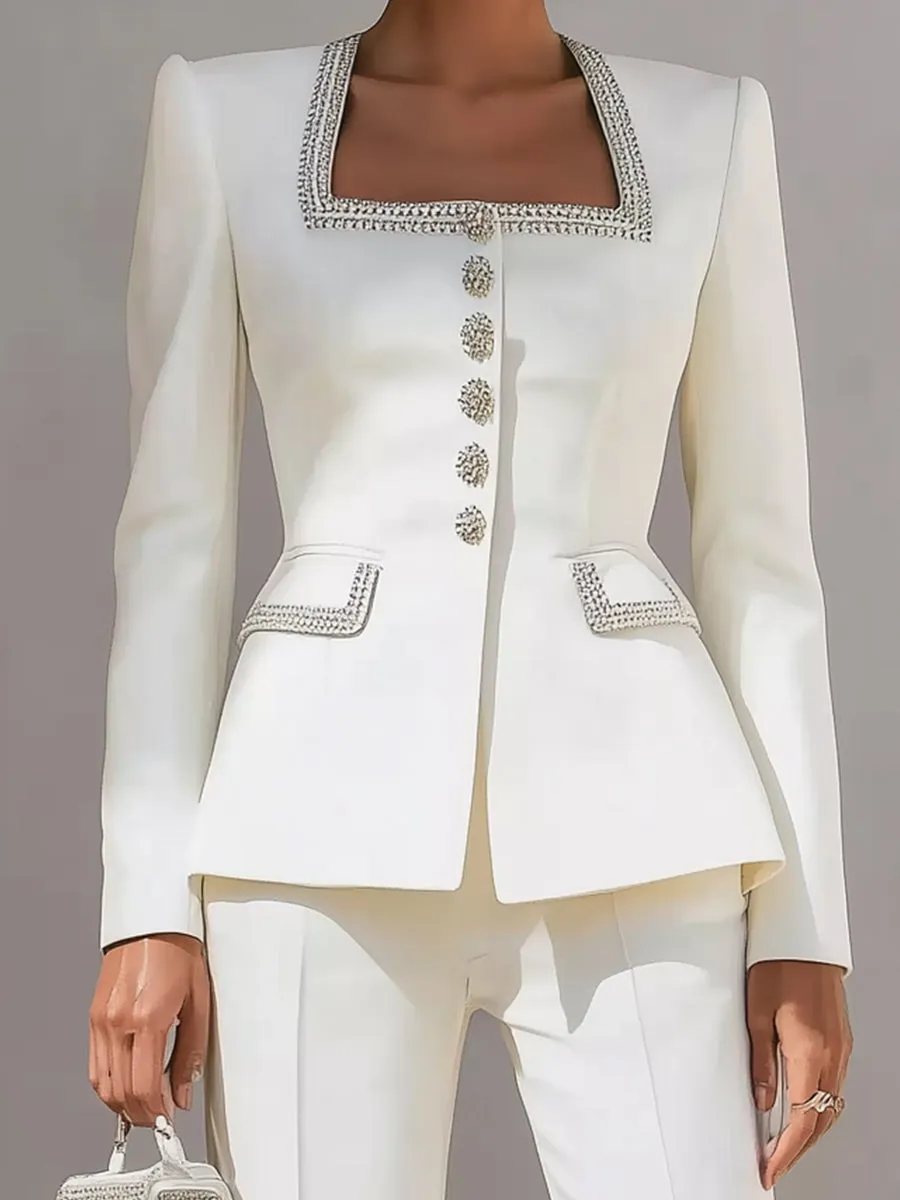 White Structured Suit With Embellished Trim And Sculpted Silhouette sold by Mooyius product image thumbnail 4