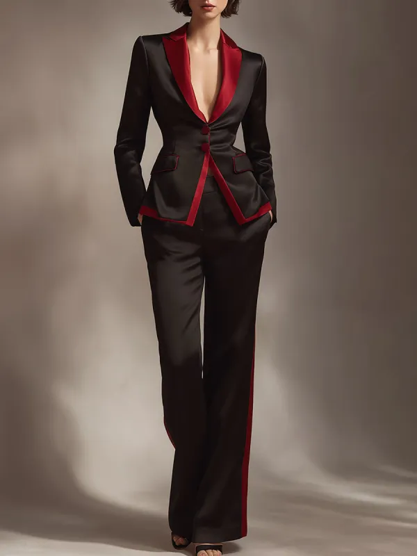 Black And Red Contrast Satin Tailored Pantsuit made by Mooyius