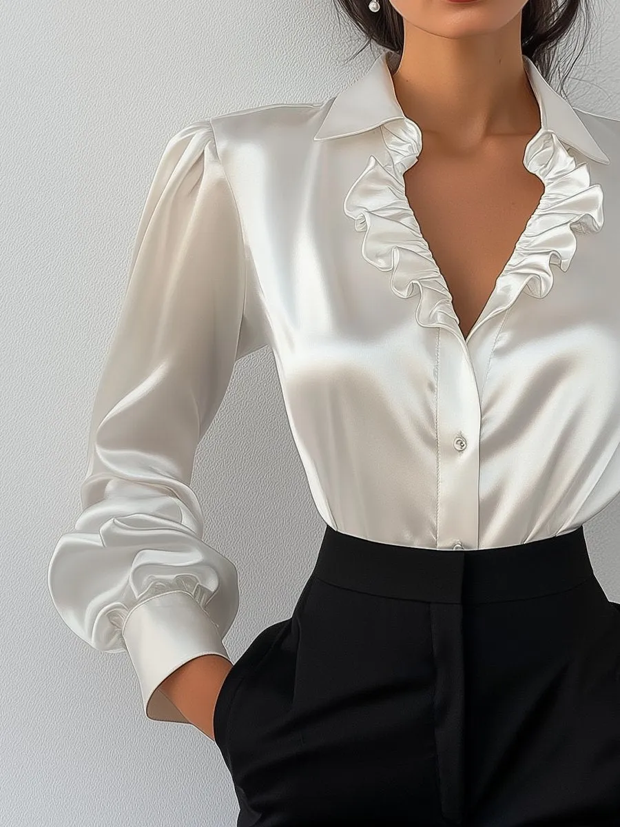 Elegant White Satin Blouse with Ruffled V-Neckline sold by Mooyius product image thumbnail 3