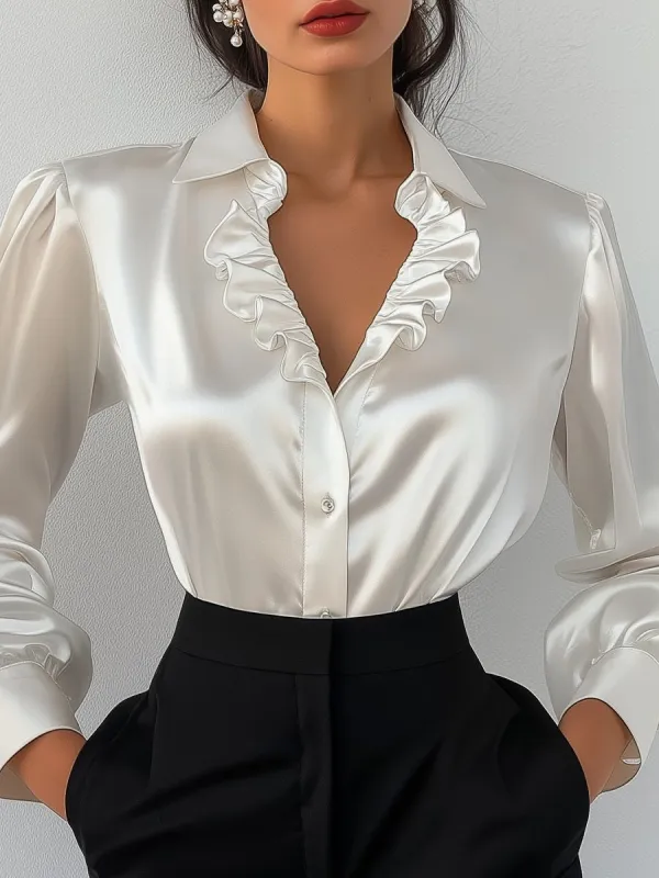 Elegant White Satin Blouse with Ruffled V-Neckline made by Mooyius