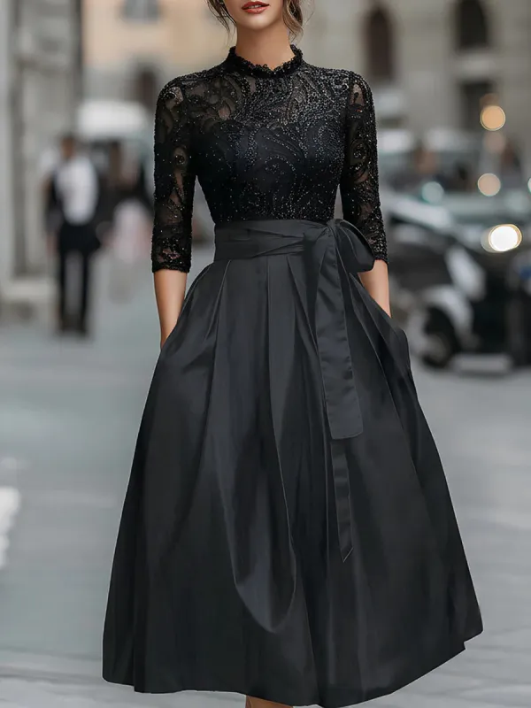 Elegant Black Lace Bodice Dress With Pleated Skirt sold by Mooyius