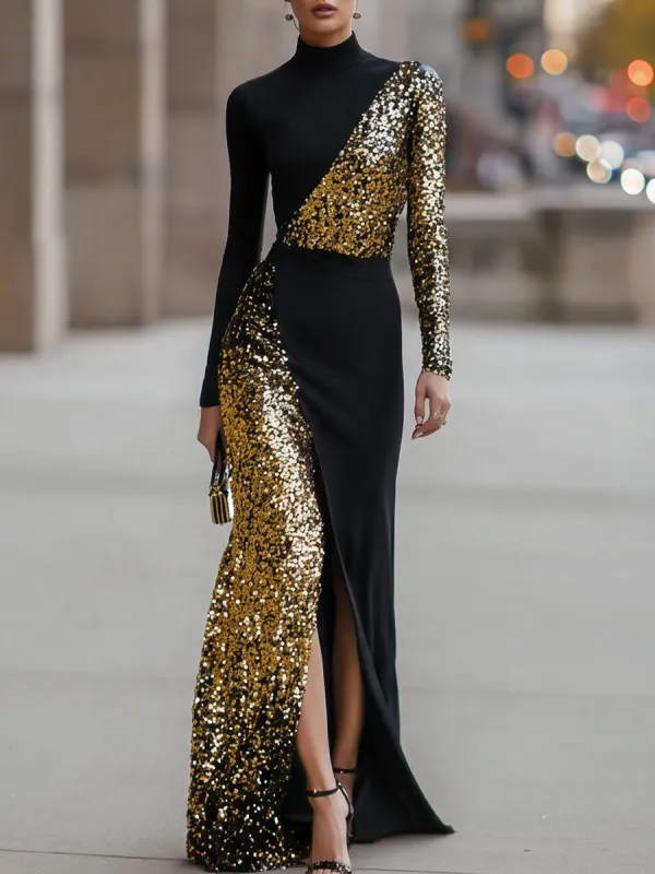 Elegant Black And Gold Sequin High-Neck Slit Maxi Dress sold by Mooyius