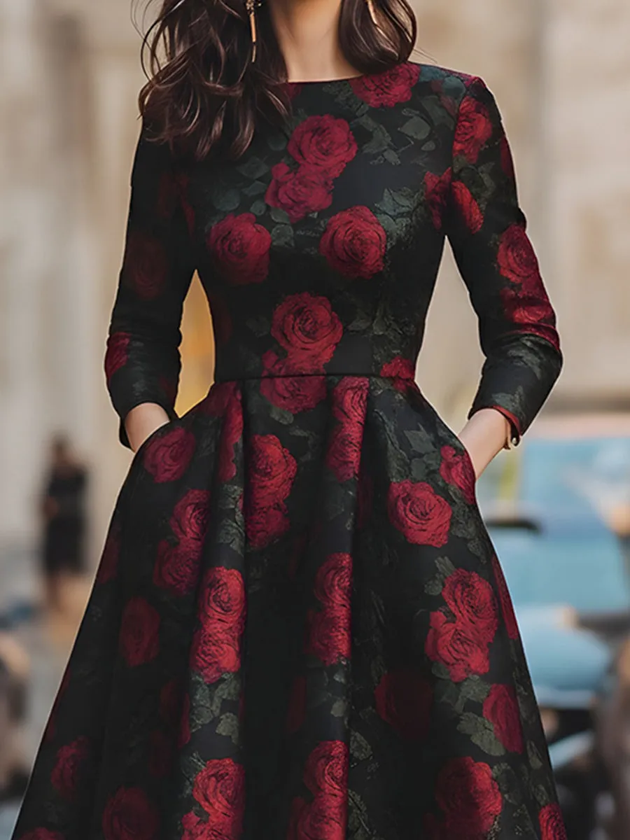 Elegant Jacquard Rose Print Midi Dress sold by Mooyius product image thumbnail 3