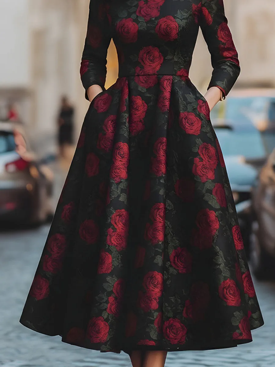 Elegant Jacquard Rose Print Midi Dress sold by Mooyius product image thumbnail 4