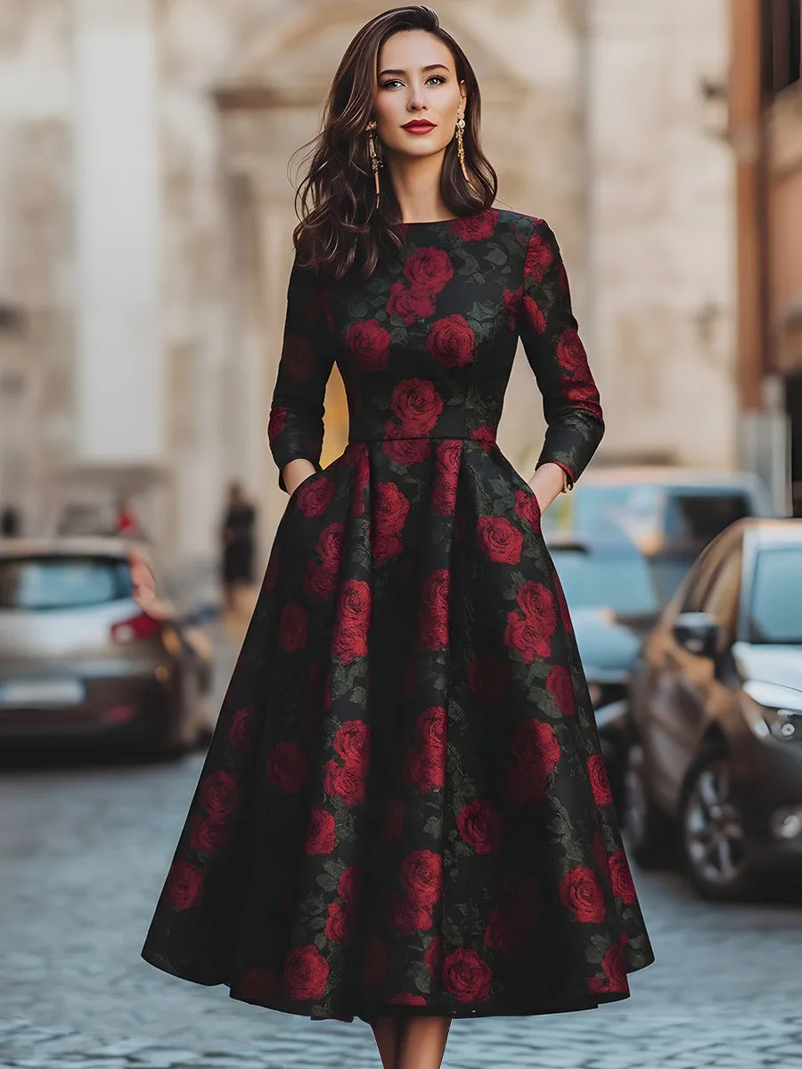 Elegant Jacquard Rose Print Midi Dress sold by Mooyius product image thumbnail 2