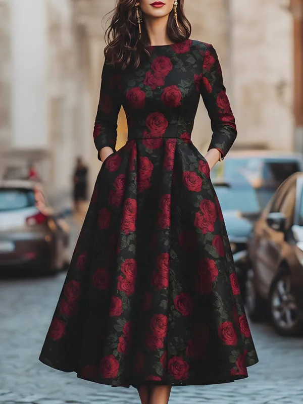 Elegant Jacquard Rose Print Midi Dress made by Mooyius
