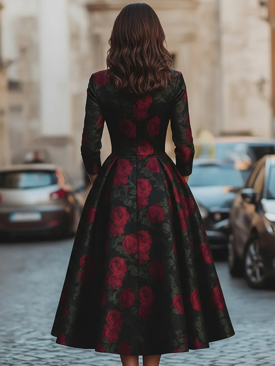 Elegant Jacquard Rose Print Midi Dress sold by Mooyius product image thumbnail 5