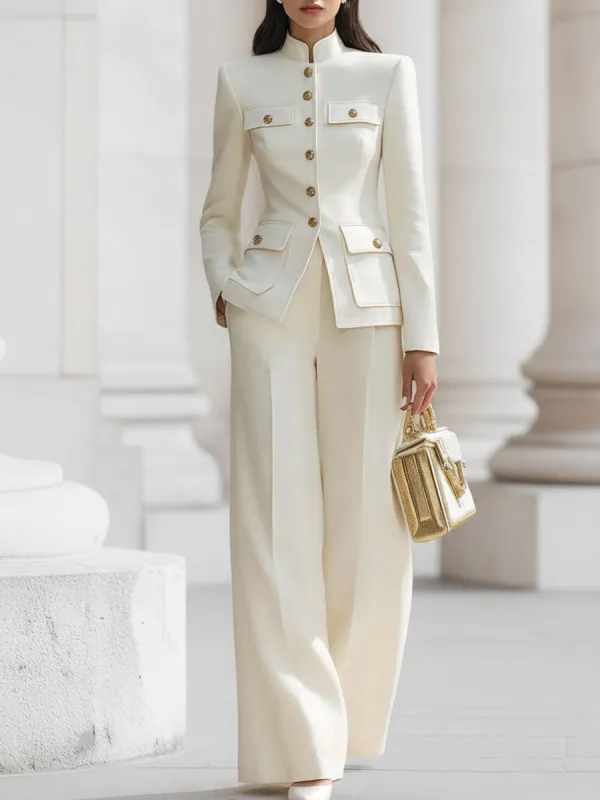 Elegant Cream Military-Inspired Tailored Suit Set With Gold Accents made by Something Navy