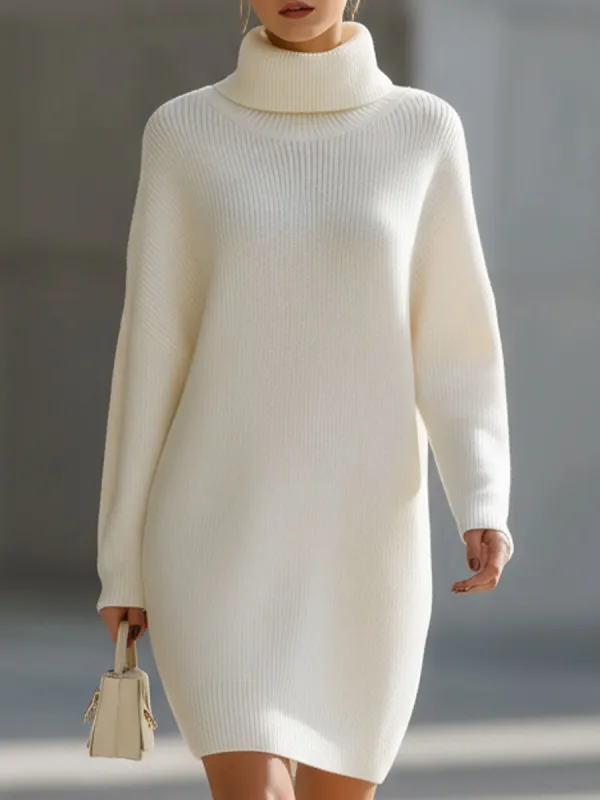 Elegant Cream Turtleneck Ribbed Knit Sweater Dress sold by Mooyius