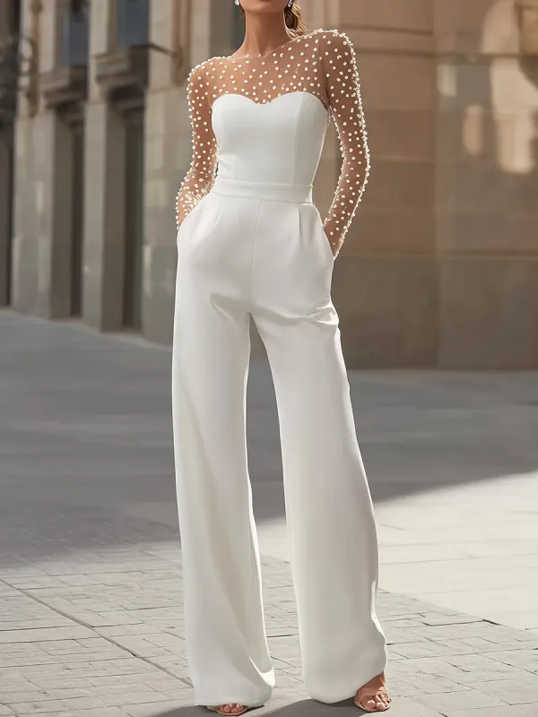 Pearl-Embellished Sheer Bodice White Jumpsuit made by Mooyius