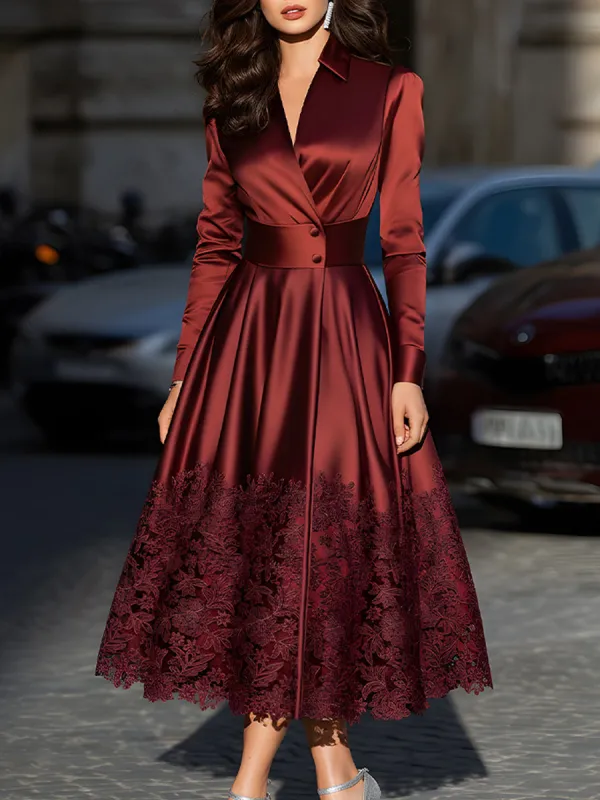 Burgundy Satin Belted Midi Dress With Lace Hem made by Mooyius