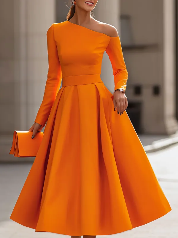 Radiant Elegance: Sophisticated Long-Sleeve Dress With Flair sold by Mooyius
