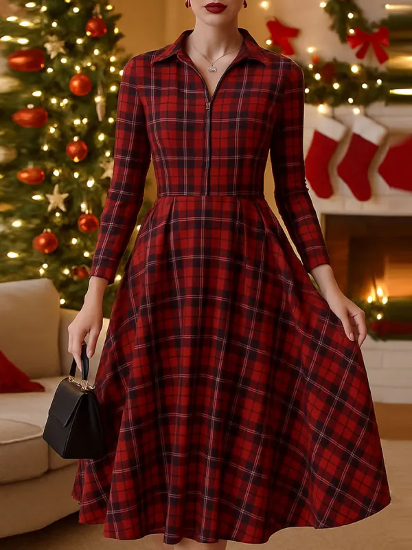 Elegant Long Sleeve Plaid Dress - Perfect Blend Of Classic And Contemporary sold by Mooyius