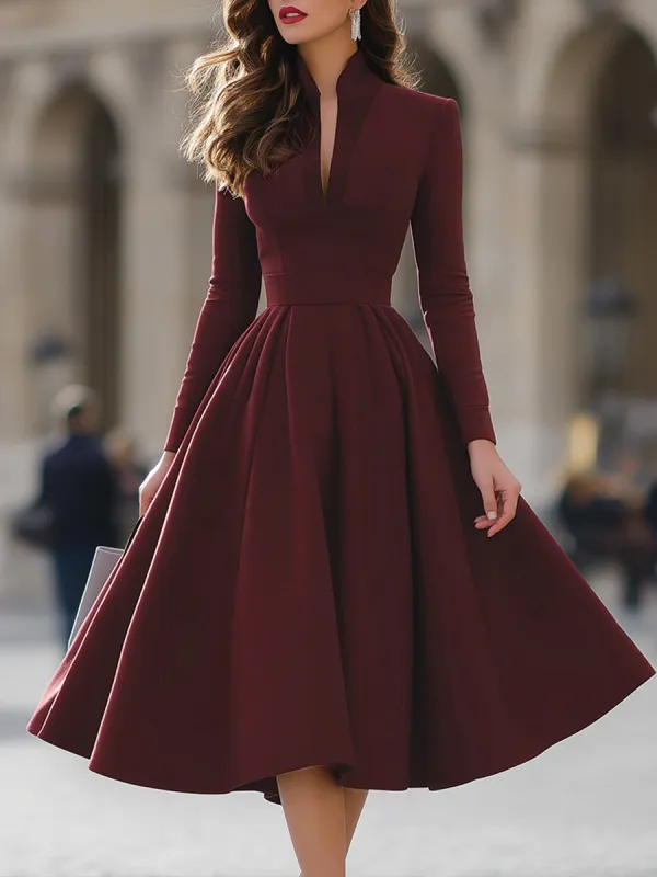 Burgundy V-Neck Full-Skirt Midi Dress made by Mooyius