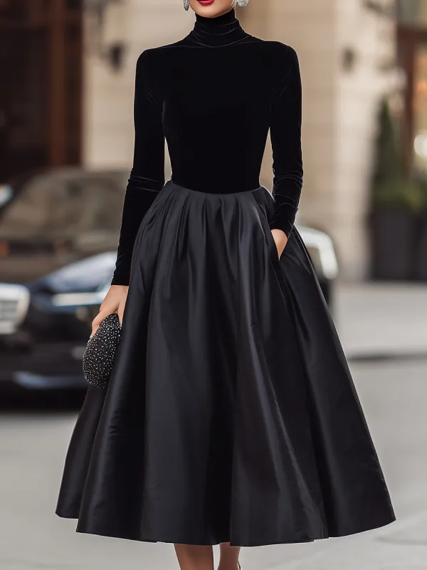 Elegant Black Velvet And Satin Midi Dress made by Something Navy