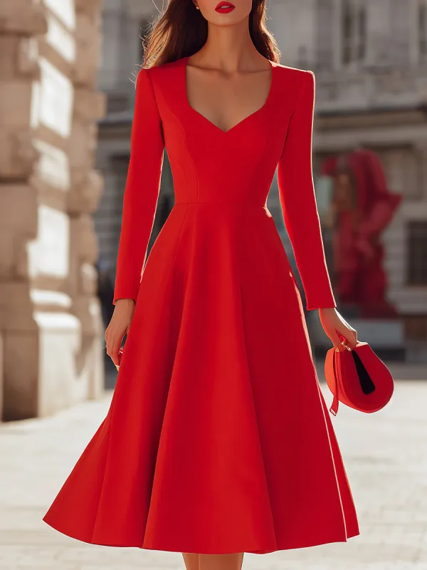 Elegant Red V - Neck Midi Fit - And - Flare Dress made by Something Navy