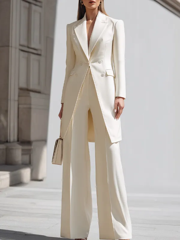 Elegant Cream Longline Blazer And Wide - Leg Pants Set sold by Mooyius