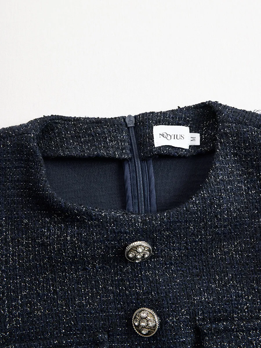 Navy Tweed Midi Dress With Embellished Buttons sold by Mooyius product image thumbnail 3