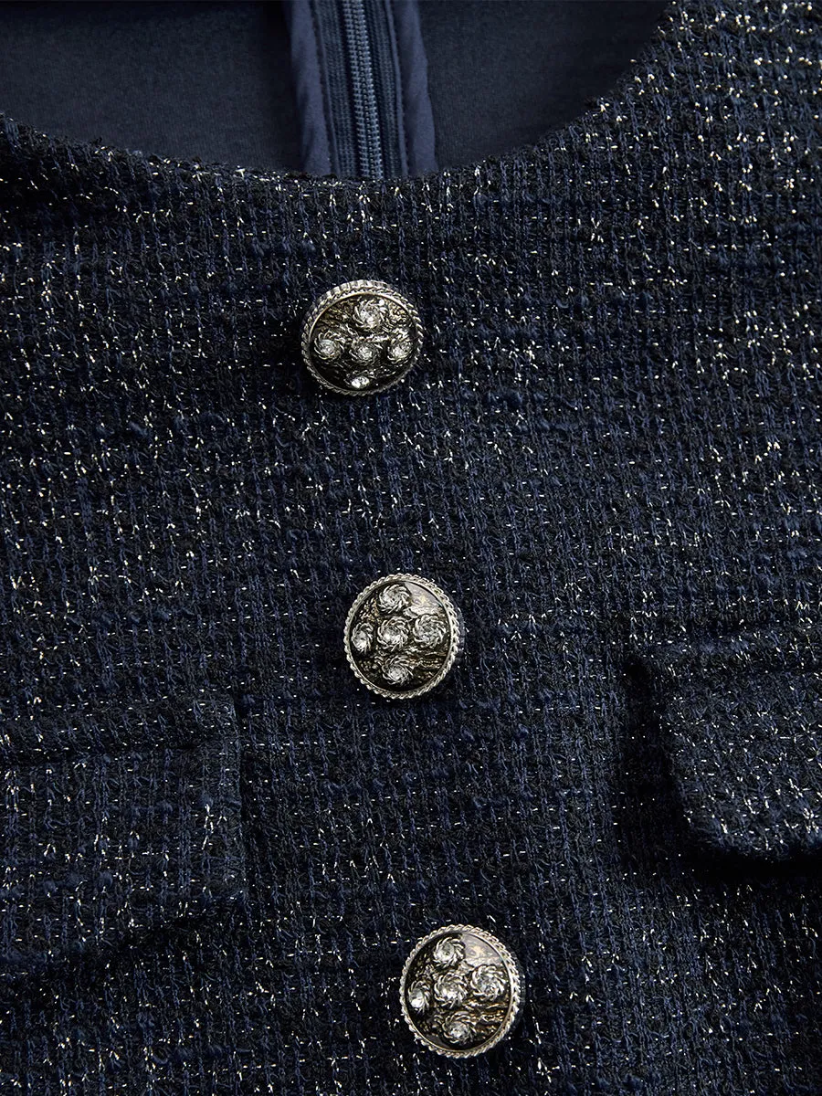 Navy Tweed Midi Dress With Embellished Buttons sold by Mooyius product image thumbnail 4