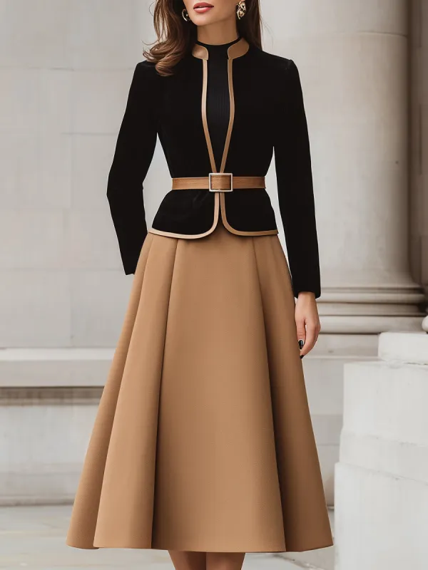 Two-Tone Trim Blazer And A-Line Midi Skirt Set sold by Mooyius