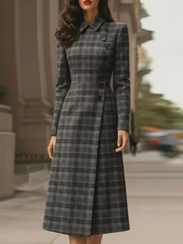 Elegant Plaid Asymmetric Button - Front Midi Dress sold by Mooyius