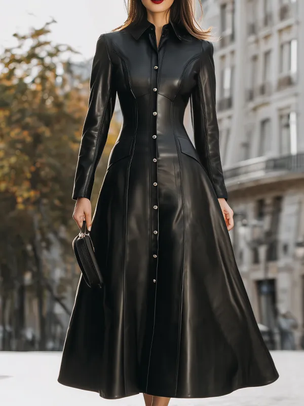 Edgy Black Faux Leather Midi Shirt Dress sold by Mooyius