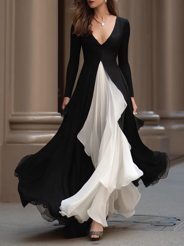 Monochrome Flowing Evening Gown With Contrast Panels made by Mooyius