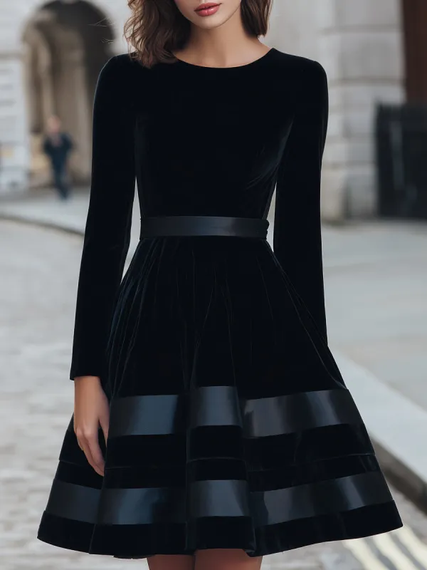 Black Velvet Fit-and-Flare Dress With Satin Stripes made by Mooyius