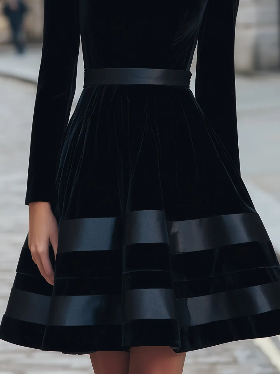 Black Velvet Fit-and-Flare Dress With Satin Stripes sold by Mooyius product image thumbnail 4
