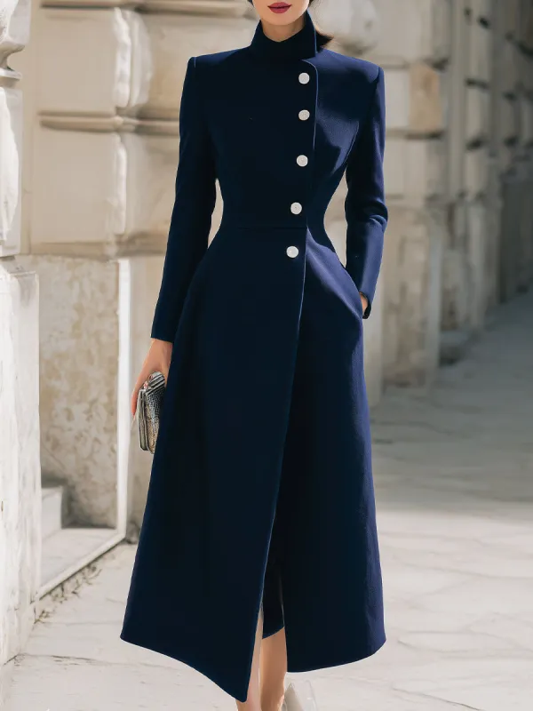 Elegant Navy Stand - Collar Maxi Coat made by Something Navy