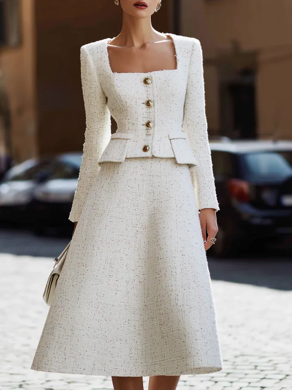 White Tweed Square-Neck Jacket & A-Line Skirt Set made by Mooyius