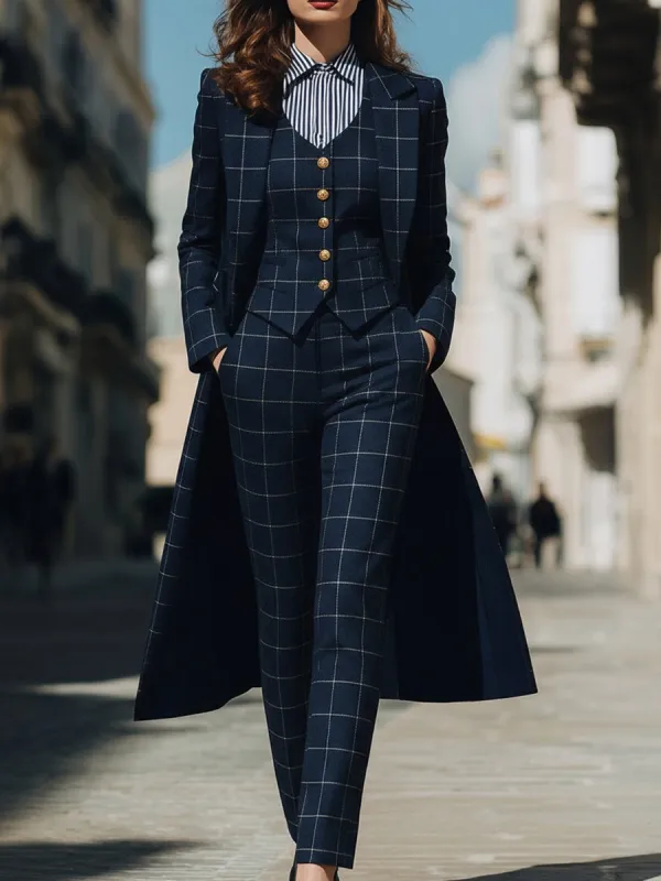 Navy Checkered Three-Piece Suit With Long Coat sold by Mooyius