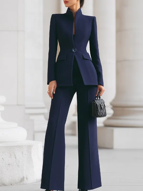Sophisticated  High-Collar Blazer & Wide-Leg Trousers Set made by Something Navy
