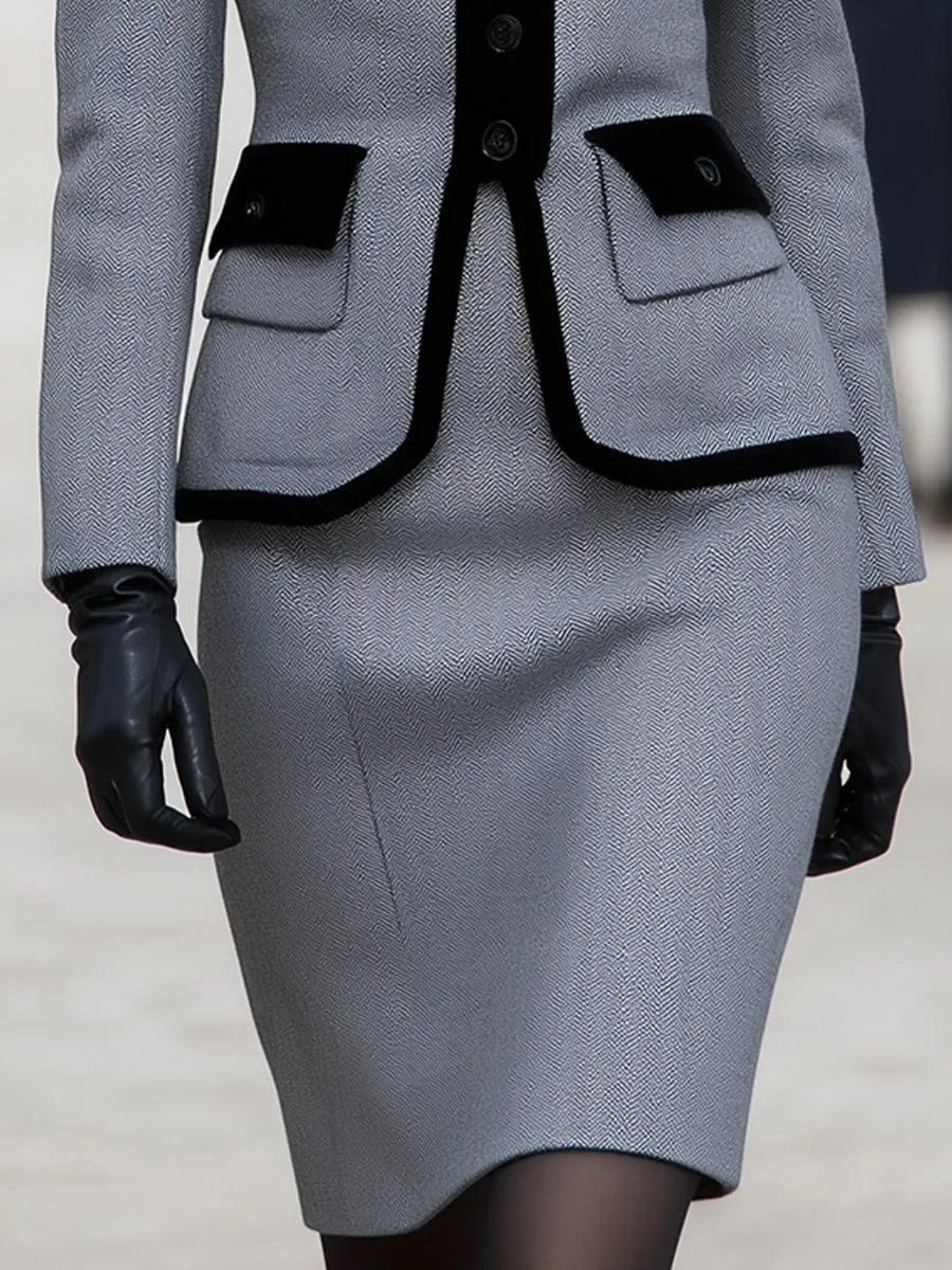 Elegant Herringbone Blazer & Pencil Skirt Set sold by Mooyius product image thumbnail 3