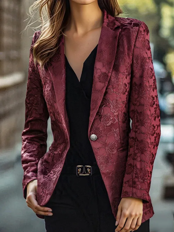Burgundy Floral Jacquard Single-Breasted Blazer sold by Mooyius