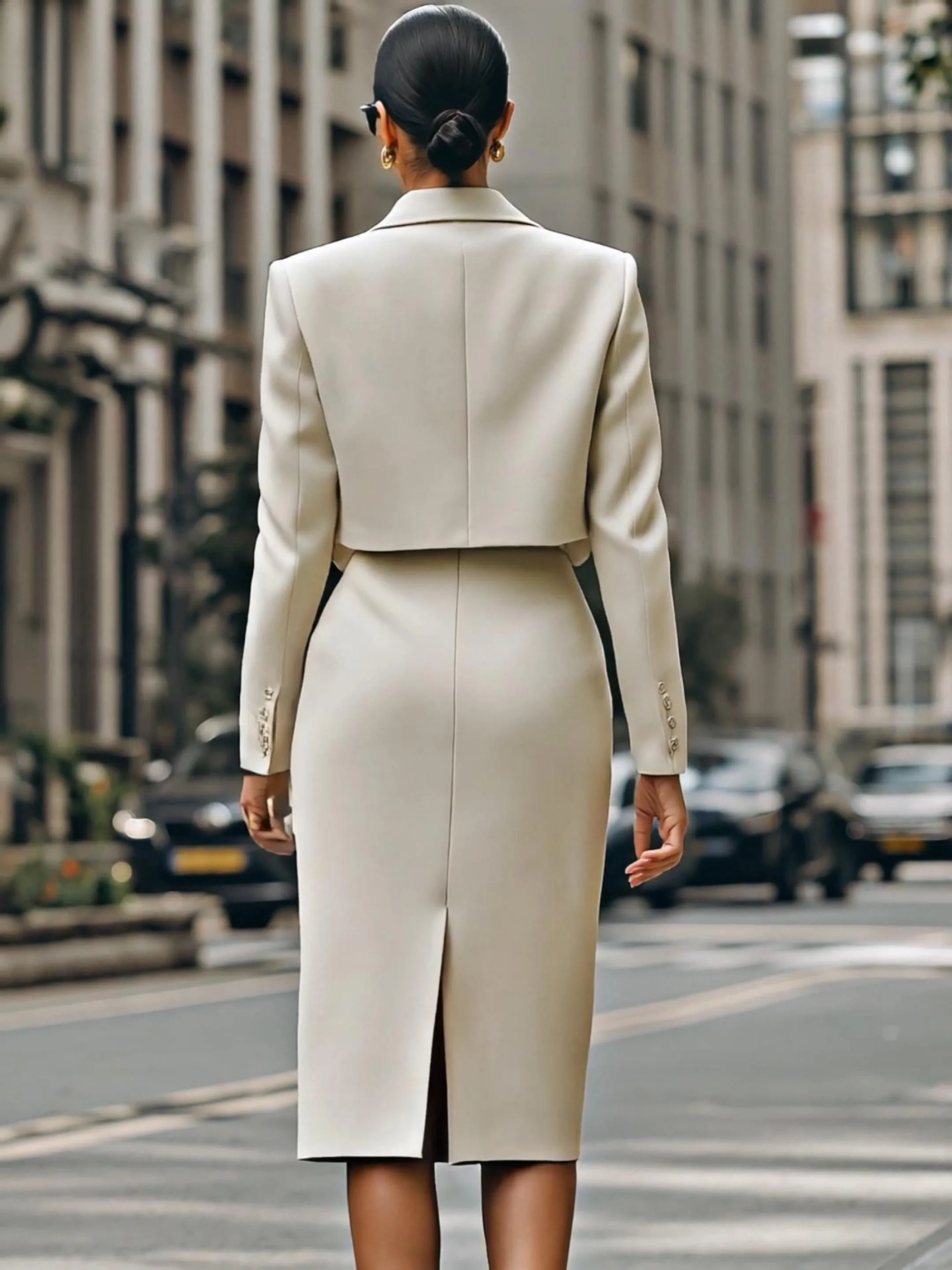 Cream Cropped Blazer And High-Waisted Pencil Skirt Set With Belt sold by Mooyius product image thumbnail 3