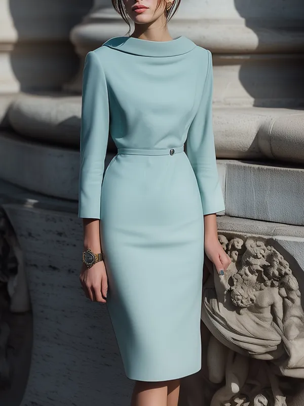 Draped Collar Pencil Midi Dress In Powder Blue sold by Mooyius